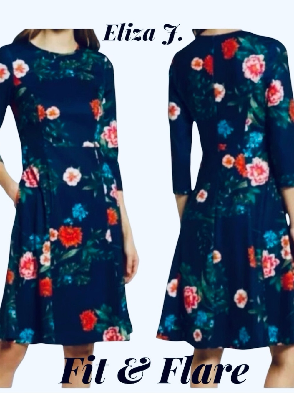 Eliza J. Fit and Flare Dress with a floral print navy‎ blue dress, size 2